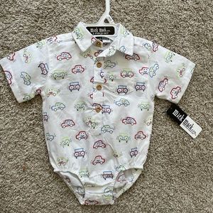 NWT Mick Mack car print collared onesie (6-9 months)